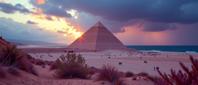 by Elke Vogelsang , photograph, Rule of Thirds, landscape of a dark pastel Space Antiquities Museum from inside of a Pyramid