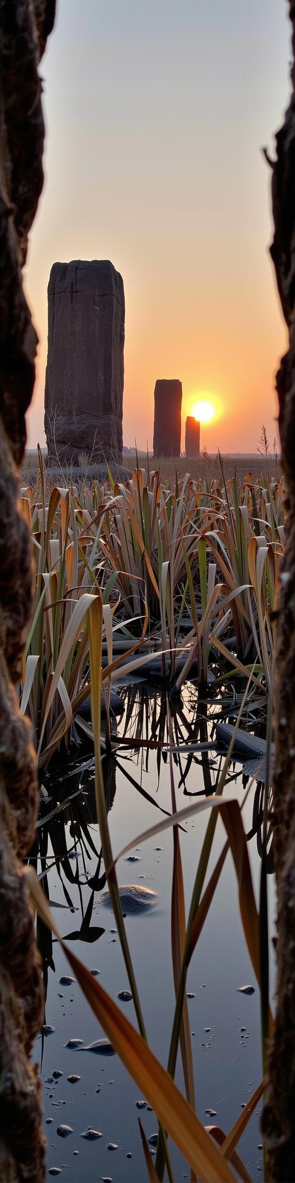 photograph, insane details, landscape of a S Haunted Delta from inside of a Amber Monoliths, desolate reeds and Asteroid in background