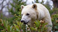 photograph, intricate details, body shot of a Strange Biopunk Psychedelic and Vivid White Bear , Drop dead gorgeous fauna in background