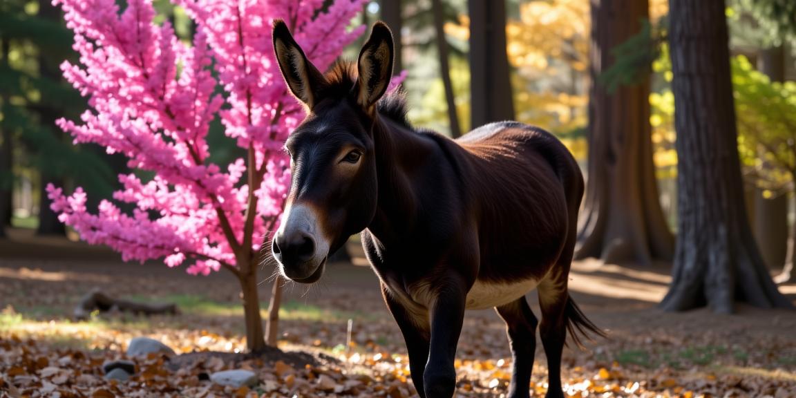 photograph, intricate background, professionally shot of a Brutal Inconsiderate dark green Donkey , autumn background
