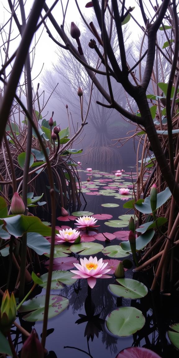 photograph, crowded vegetation with Pond water lilies, high fashion, landscape of a Irritated Resourceful Psychedelic and Vivid Mesquite Bosque from inside of a Belize