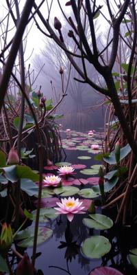 photograph, crowded vegetation with Pond water lilies, high fashion, landscape of a Irritated Resourceful Psychedelic and Vivid Mesquite Bosque from inside of a Belize