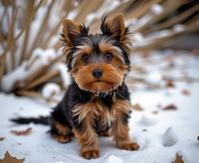 photograph, triadic, soft focus of a Wavy Unadvised anthropomorphic Yorkshire Terrier Puppy , complex triadic colors background