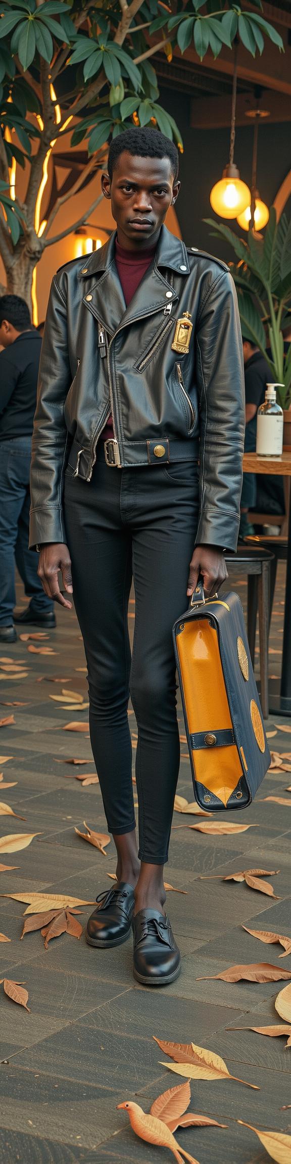 photograph, award winning, gilded technique, long shot of a Gloomy Astonishing slender Congolese Missionary Guy Shadow hybrid