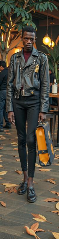 photograph, award winning, gilded technique, long shot of a Gloomy Astonishing slender Congolese Missionary Guy Shadow hybrid