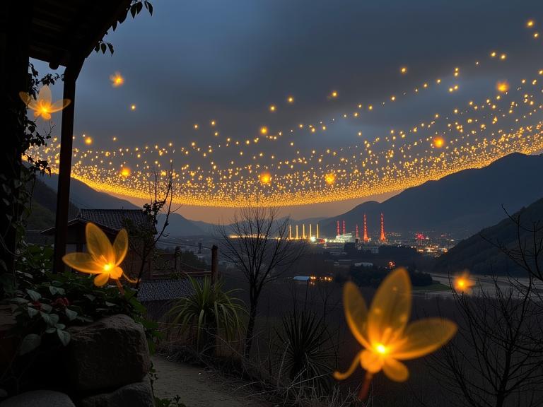 by Ruth Orkin and Dan Witz , photograph, intricate details, eye level shot of a Familiar Grand The dance of fireflies