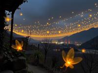 by Ruth Orkin and Dan Witz , photograph, intricate details, eye level shot of a Familiar Grand The dance of fireflies