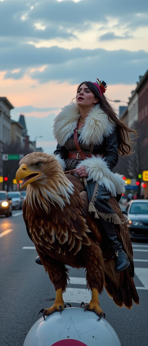 photograph, elegant, wide shot of a Light Sovereign obese Ragtime Female Gypsy, she is riding a Golden Eagle