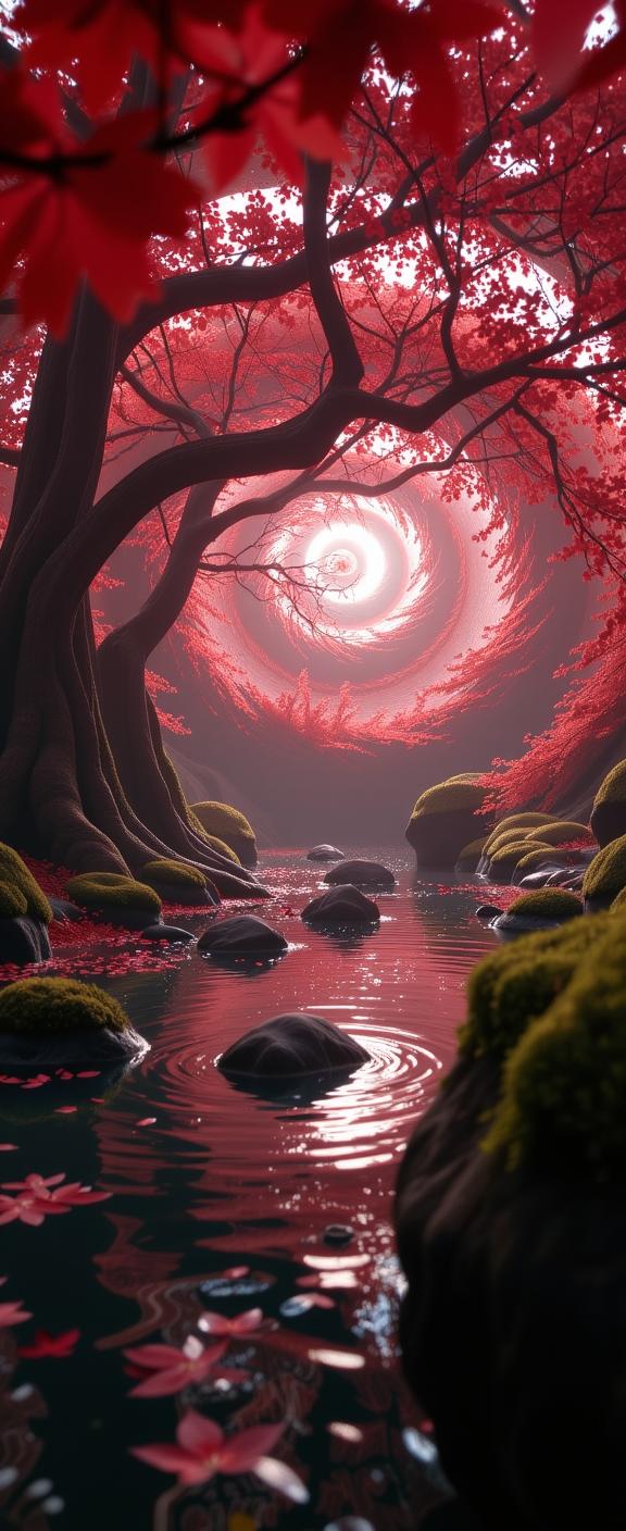 photograph, pleasant, landscape of a Striking Dusty dark red Spira from inside of a Vienna, dense water and blossoms