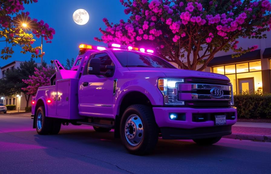 photograph, behance, POV shot of a Explosive Snazzy fluorescent purple Bahamian Tow truck , it is sleek