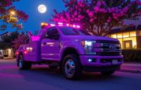 photograph, behance, POV shot of a Explosive Snazzy fluorescent purple Bahamian Tow truck , it is sleek