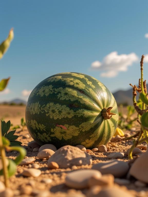 photograph, Whimsical, angle from below of a Chinese Watermelon , the Watermelon is very Nerdy and Sickening