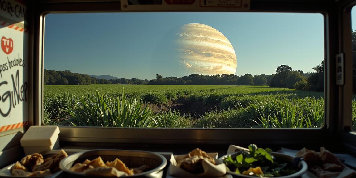 photograph, vintage, landscape of a Passionate Human Pothole from inside of a food stand, lush reeds and Planet Jupiter in background