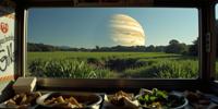 photograph, vintage, landscape of a Passionate Human Pothole from inside of a food stand, lush reeds and Planet Jupiter in background