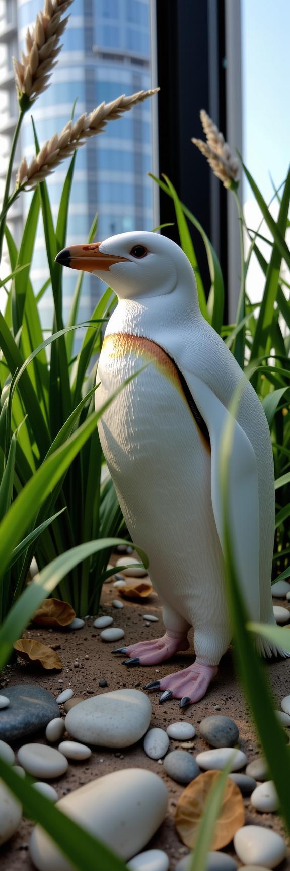 photograph, concept art, medium close up shot of a Mecha s White and Coral Penguin , from inside of a Fantastical Skyscraper