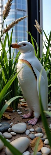 photograph, concept art, medium close up shot of a Mecha s White and Coral Penguin , from inside of a Fantastical Skyscraper