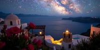 photograph, fairy tale, landscape of a Santorini from inside of a Griffin s aerie, it is very Repugnant and Thundering
