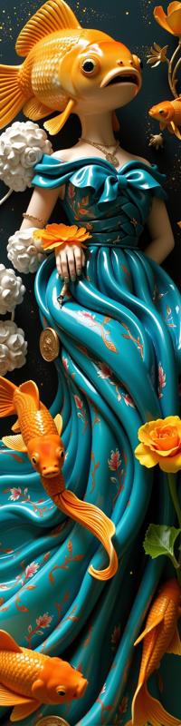 by Frieke Janssens , photograph, intricate details, Dutch angle shot of a Decorative Monstrous heavyset Cossack Goldfish