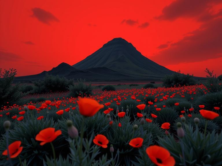 photograph, Relaxed, landscape of a Casual Maximalist Shadow Moses Island and Imaginative Canadian Poppies, centered dark red background