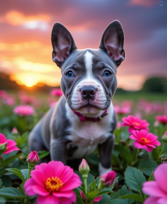 photograph, concept art, Sharp focus of a Fruit Flavored Exquisite Azure Blue, Silver and Cream Staffordshire Bull Terrier Puppy wearing a Glitter