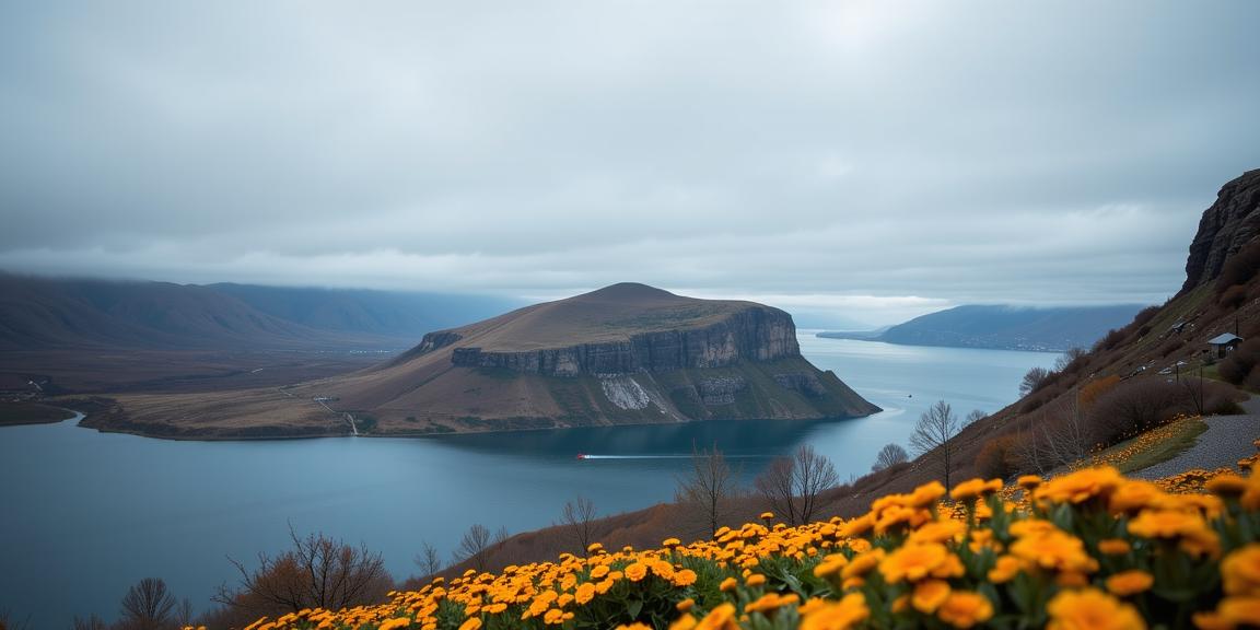 photograph, desolate lake with Marigold, fairy tale, landscape of a Mid Ocean Ridge from inside of a Skyship in the clouds