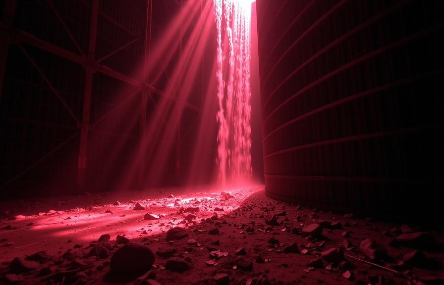 photograph, behance, stark lighting, landscape of a Incredibly Detailed Fluid Fjord from inside of a Grain silo
