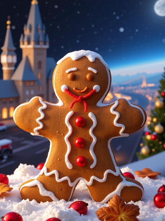 photograph, insane details, realistic depictions of space exploration, soft focus of a Nutty Angular Empire gingerbread man