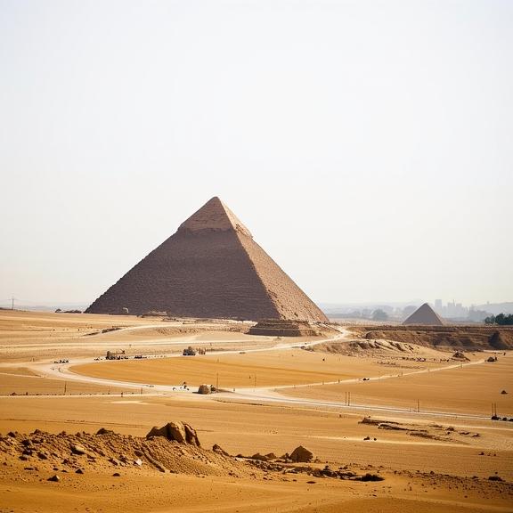 photograph, Libertywave, majestic, landscape of a Flat Tactile deep yellow The Great Pyramid of Giza in the distance there is a Megalopolis