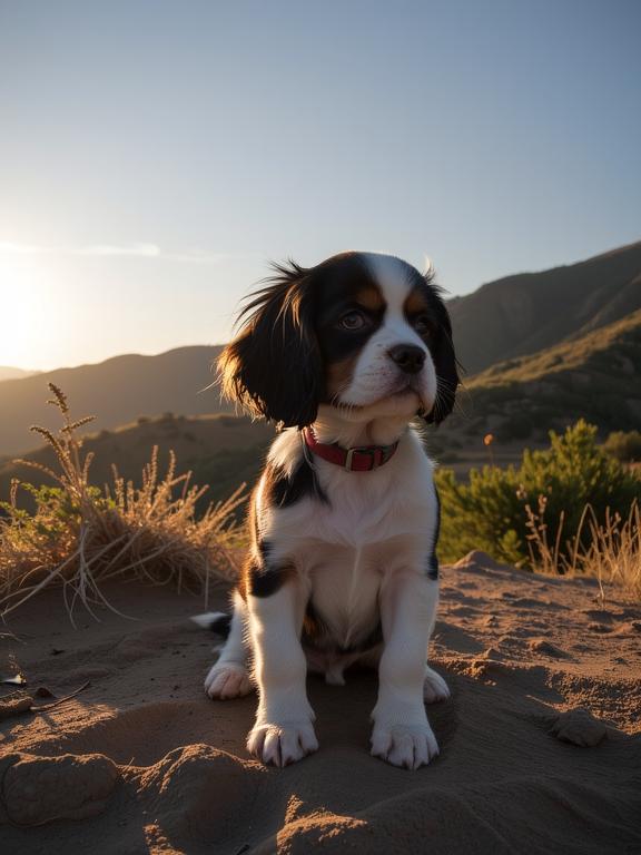 photograph, Golden ratio, side view shot of a Misshapen Thought Provoking Cavalier King Charles Spaniel Puppy of Apocalypse , from inside of a Angry Yaren