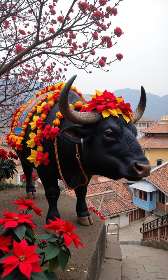 photograph, Golden ratio, medium wide shot of a Hippie Art Mesmeric Water buffalo with Controversial parts, Rainbow dungeon in background