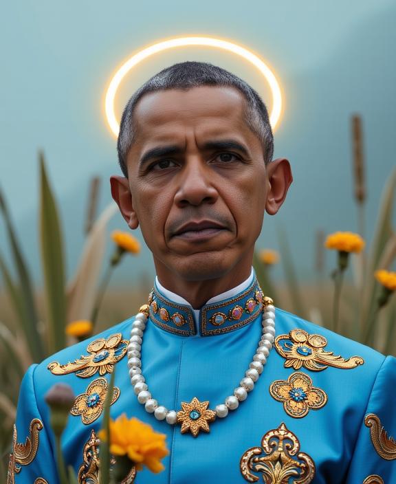 photograph, masterpiece, shoulder level shot of a Hopeless Translucent small traditional Belle poque Barack Obama , he is wearing alien Enamel and Pearl Ornaments tunic