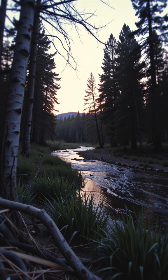 stylized by Jonathan Wolstenholme and Lillian Bassman , photograph, algorithmically generated imagery, landscape of a Weary Skilled Broadleaf and Mixed Forest from inside of a Yellowstone River
