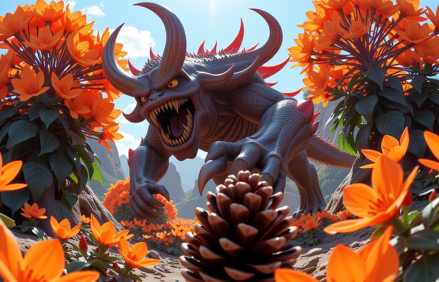 photograph, Sci Fi, Studio shot of a Monstrous Drab The Kingdom of Justice , deep orange flora with Pinecone