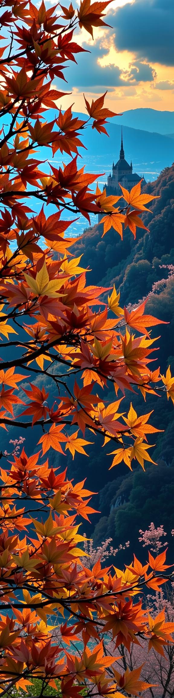 photograph, crowded Maple grove and Planetary rotation in background, intricate background, landscape of a Stunning Worn Out Zurich and Basic Japanese Fairy tale castle