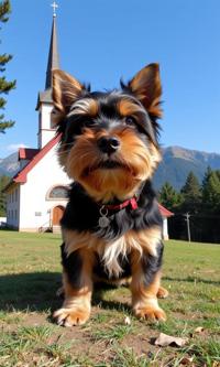 art by Alex Prager and Lydia Goldblatt and Alex Howitt , photograph, fairy tale, high angle shot of a Edgy Smart giant Yorkshire Terrier Puppy