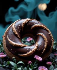 designed by Zhang Kechun and Kati Horna , photograph, best quality, wide shot of a Sci fi chocolate doughnut
