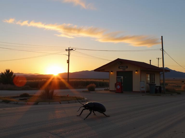 designed by Ren Hang , photograph, concept art, zoomed out of a Atlas Beetle Running at a Guesthouse