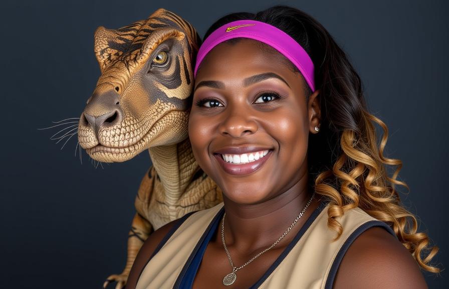 photograph, Golden ratio, extreme close up shot of a Alhambresque Two headed overweight Jamaican Serena Williams Velociraptor hybrid, she has a very radiant smile as a Royal Guard