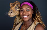 photograph, Golden ratio, extreme close up shot of a Alhambresque Two headed overweight Jamaican Serena Williams Velociraptor hybrid, she has a very radiant smile as a Royal Guard