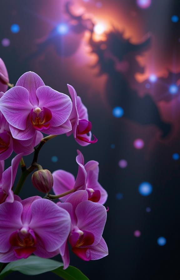 art by David Yarrow and Alex Howitt and Vanessa Beecroft and Barbara Stauffacher Solomon , photograph, Fresh blossoms and Nebula in background, Rule of Thirds