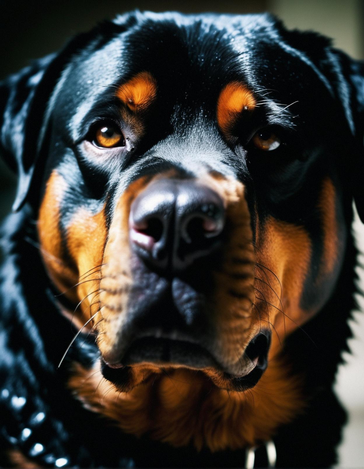 photograph, close up Fluffy Angry Rottweiler face, low key lighting, sharp jawline