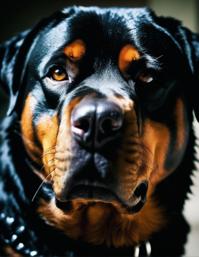 photograph, close up Fluffy Angry Rottweiler face, low key lighting, sharp jawline