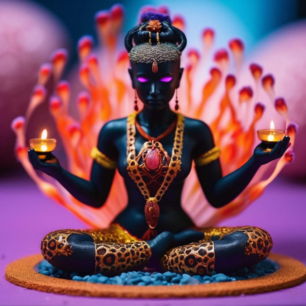 Meditating female gorgon, lavender eyes, black buzz cut, fire ice surroundings