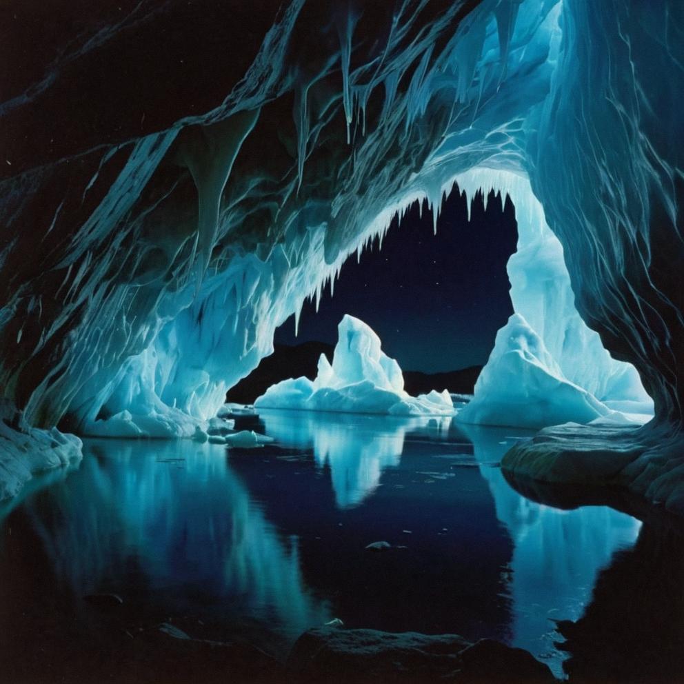 eclectic bioluminescent cavern icebergs nighttime dynamic, Kevin McNeal art style, Germaine Krull influence, photograph