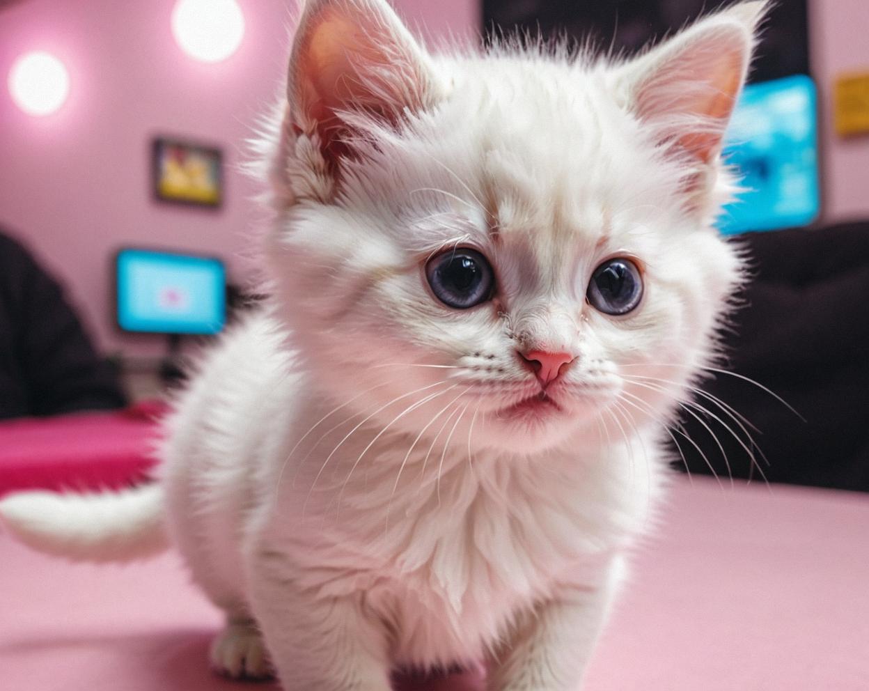 high contrast, cybergoth aesthetic, small ball of fluff, white fur