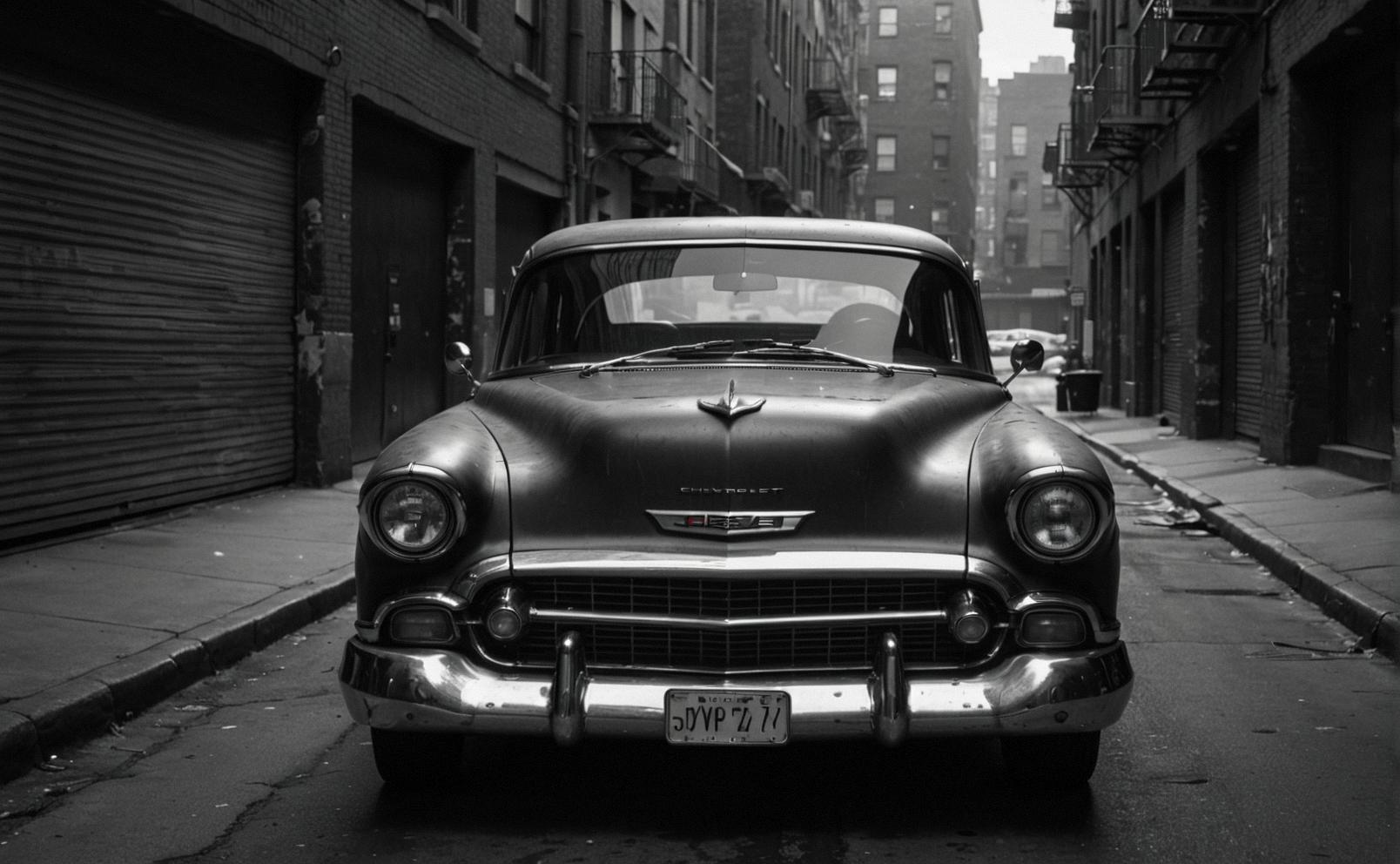 designed by Peter Coulson, photograph, POV shot of a Chevrolet , gritty urban landscape