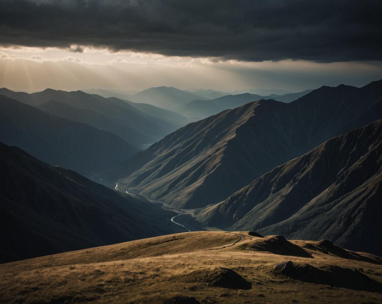 mountainous landscape, dramatic lighting, th century photography style, long exposure