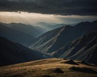 mountainous landscape, dramatic lighting, th century photography style, long exposure