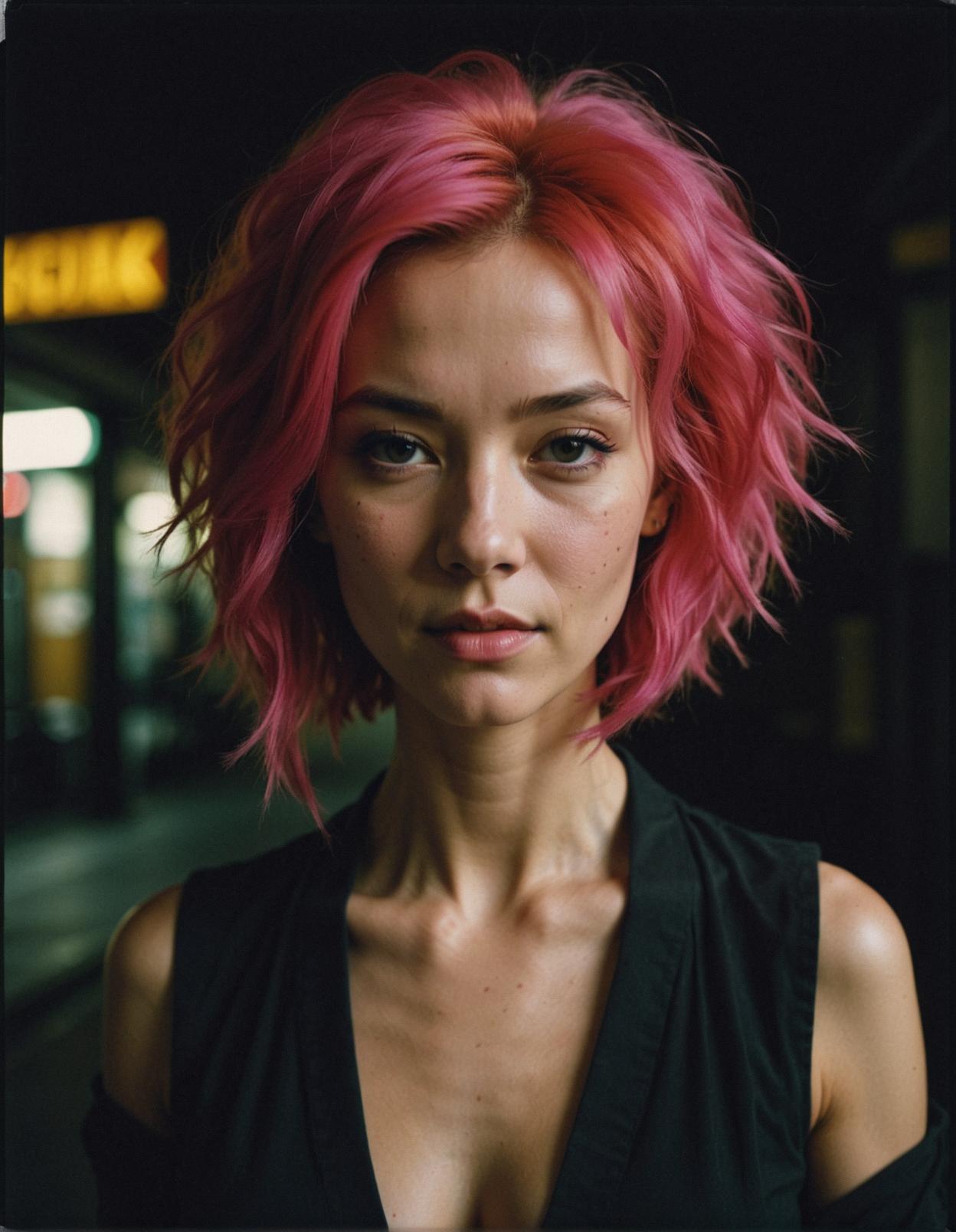 photograph, Mad Eiko Bookbinder s smirk, neon hair, dark atmosphere