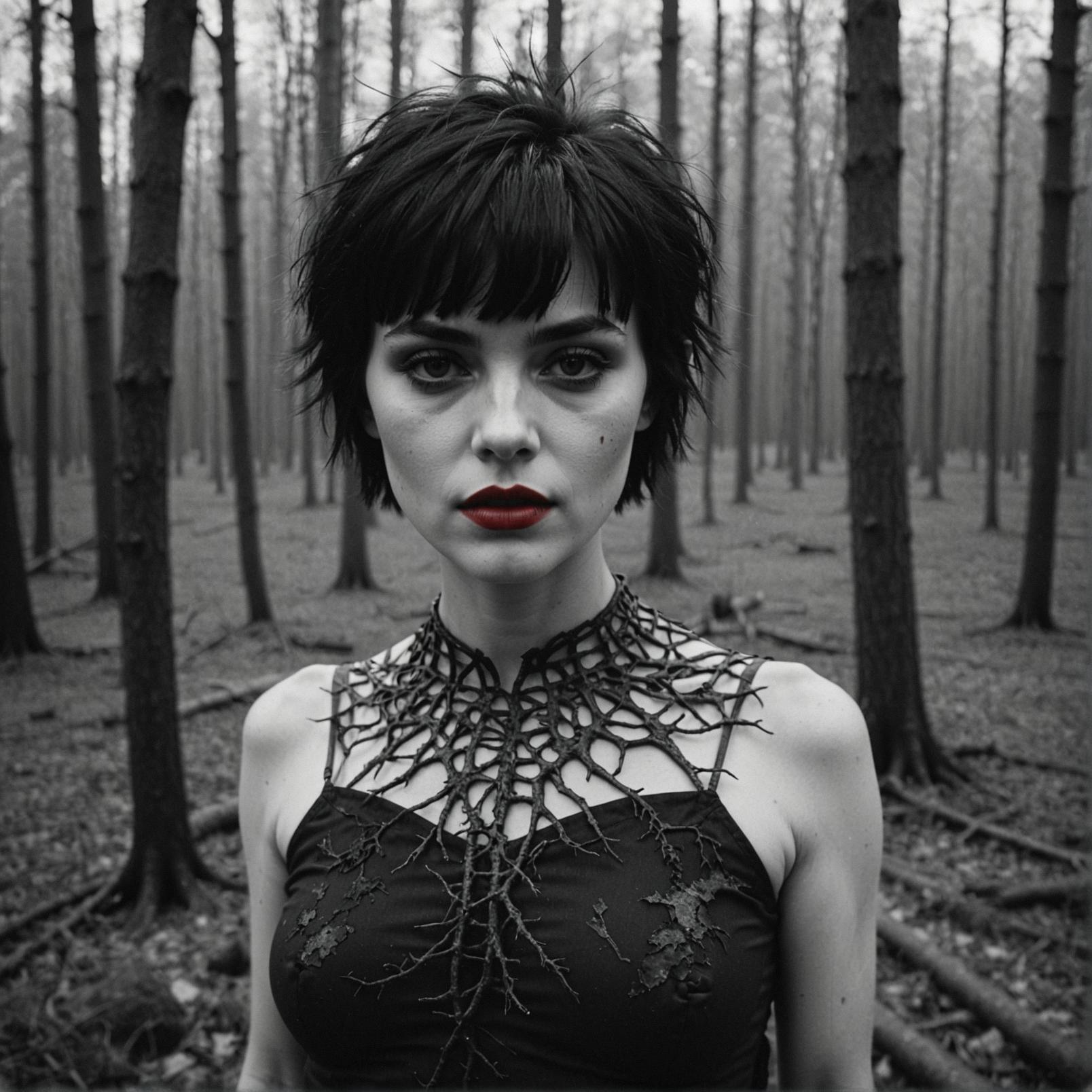 photograph, demonic Scandinavian Astrid , she is surrounded by decay, blood red lipstick